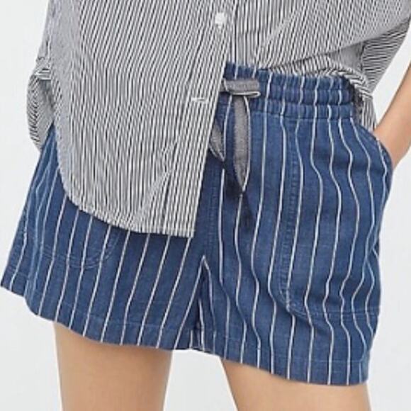 J Crew Seaside Shorts Size XL Indigo Blue Stripe High Rise Pull On Drawstring - Picture 1 of 11